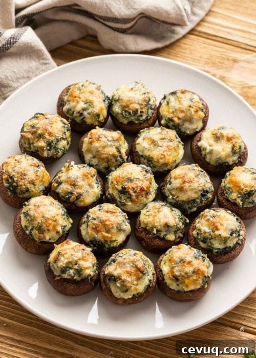 a plate full of cheesy spinach stuffed mushrooms