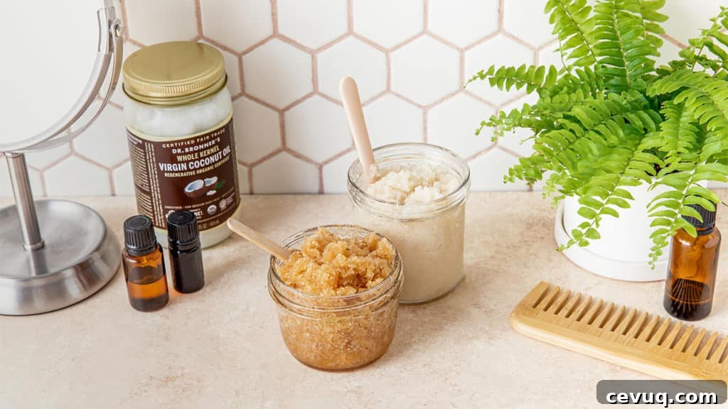 Two glass jars filled with body scrubs made of sugar and coconut oil. GIY Coconut Sugar Scrub