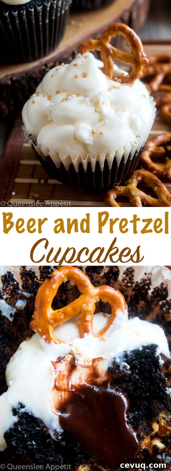 Beer-Infused Pretzel Cupcakes 11 Beer and Pretzel Cupcakes - Pinterest image