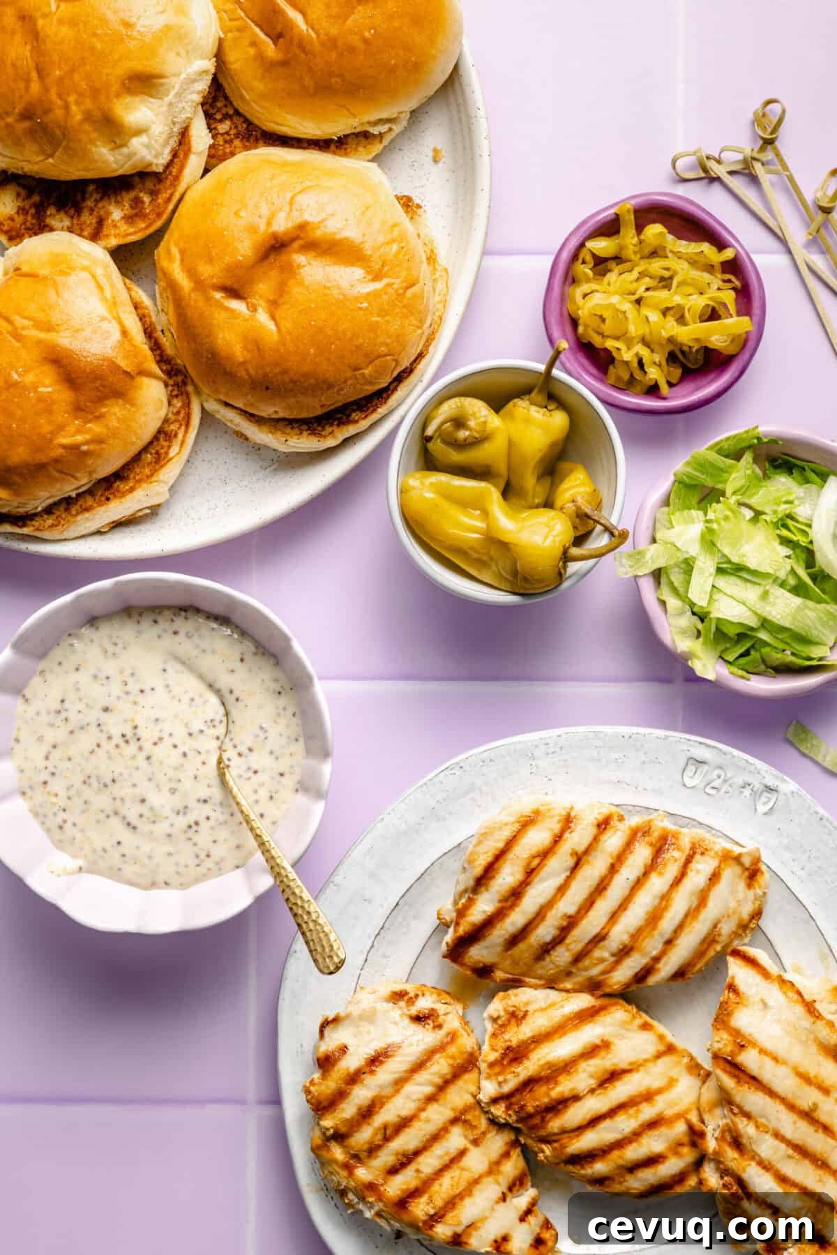 All assembly items for Pepperoncini Grilled Chicken Sandwiches.