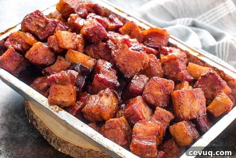 Pork Belly Burnt Ends Recipe in foil pan