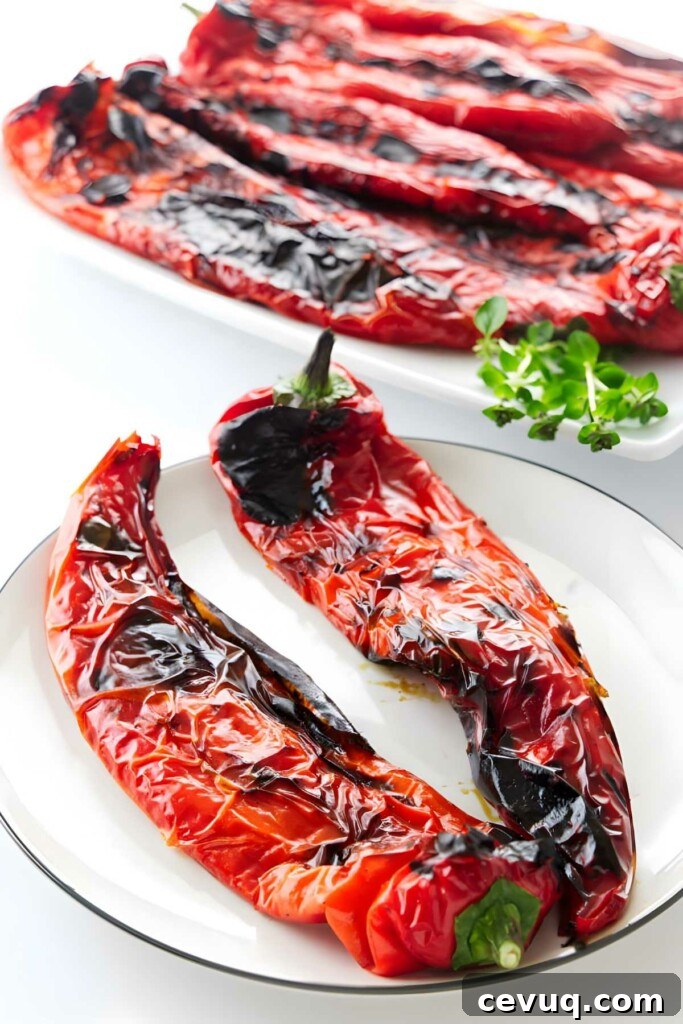 Two charred peppers on a plate in front of a platter.