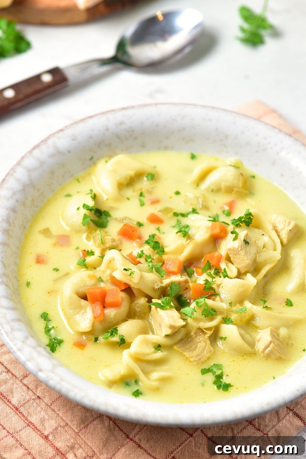Chicken tortellini soup garnished with fresh herbs
