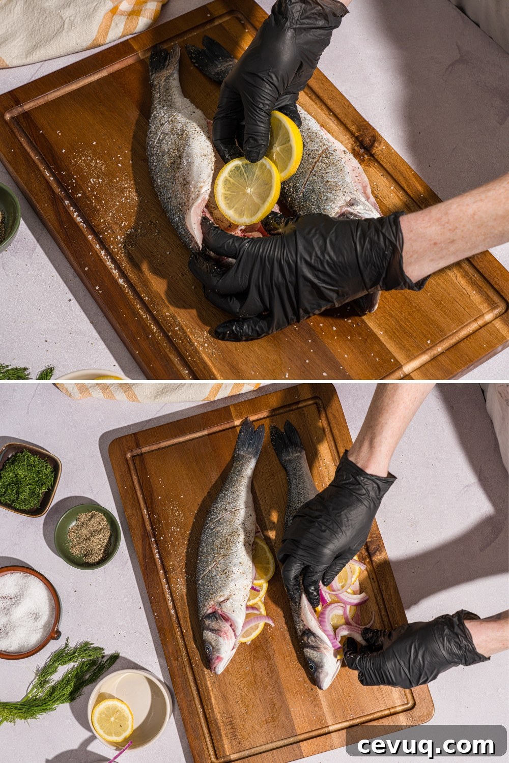 Two photos of two branzinos on a wooden board. The first photo shows sliced lemon being stuffed into the fish. The second photo shows sliced red onion being stuffed into the fish.