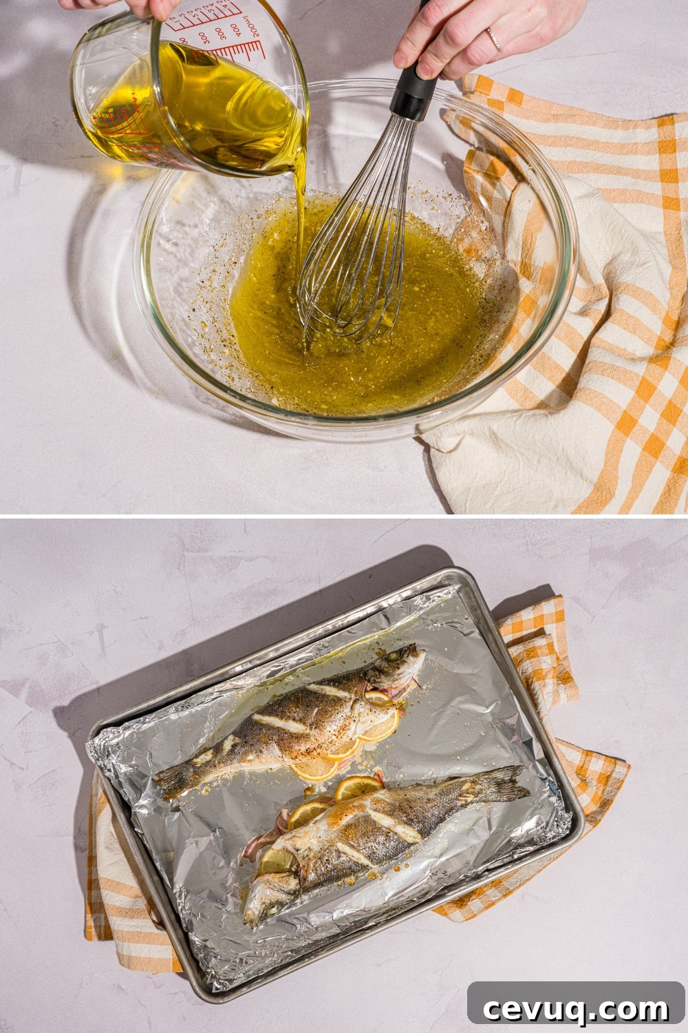 A glass bowl with a whisk mixing ladolemono dressing as oil is being poured into the bowl. The second photo shows a baking sheet lined with foil with two whole branzinos drizzled with ladolemono dressing. The sheet is on a white counter with a yellow checkered napkin.
