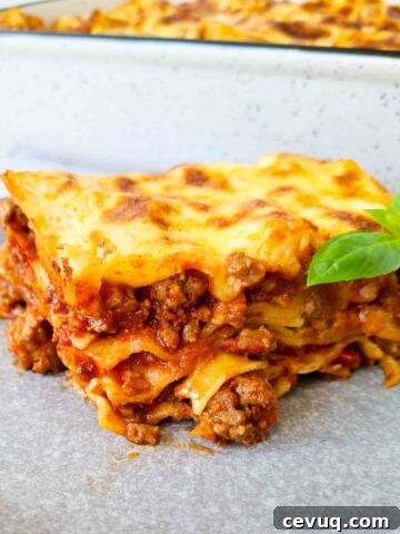 Sideview of a slice of lasagna showing all 4 layers. A tray of lasagna in the background, blurred