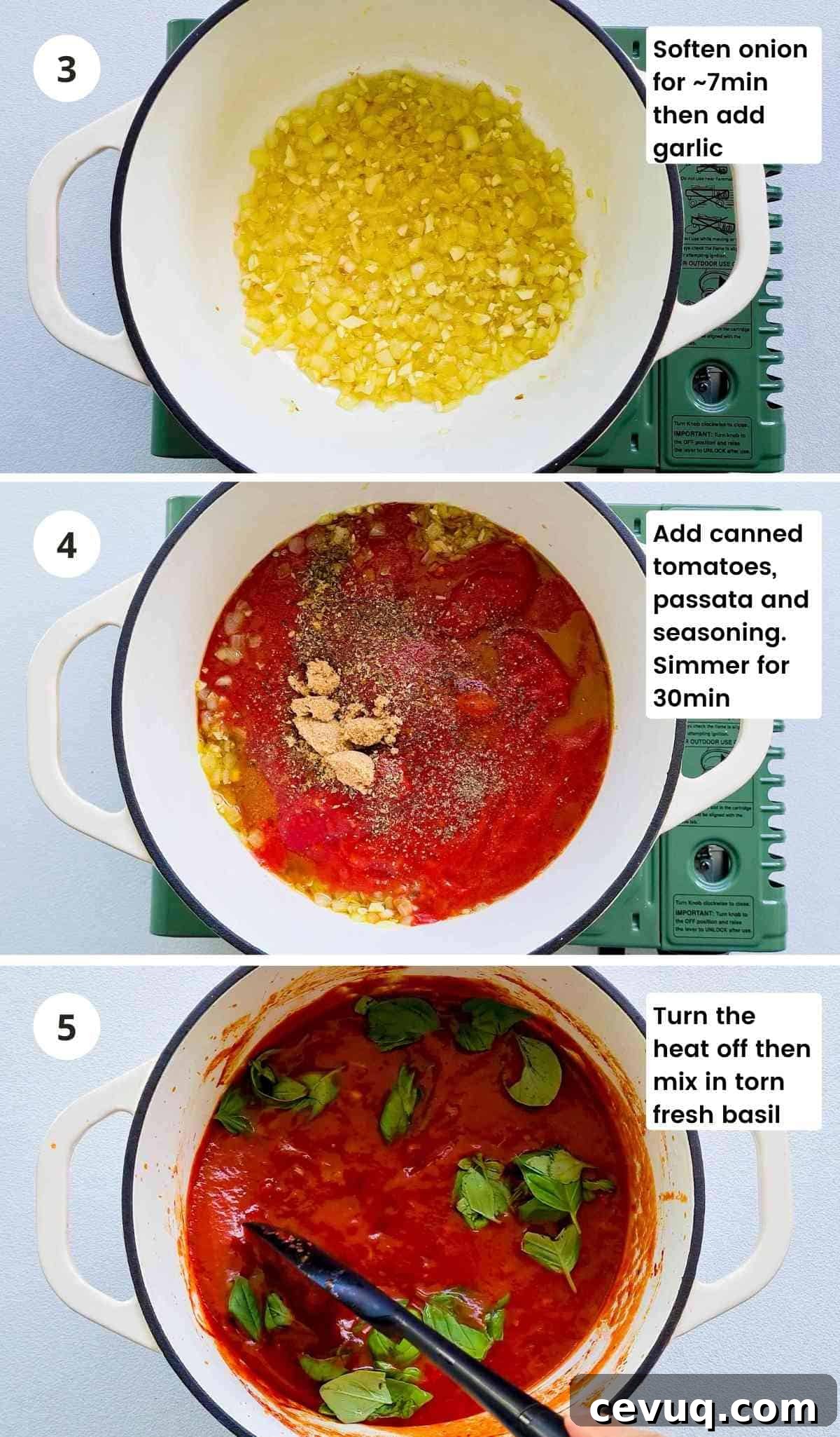 3 step collage of making the tomato sauce (sugo) 