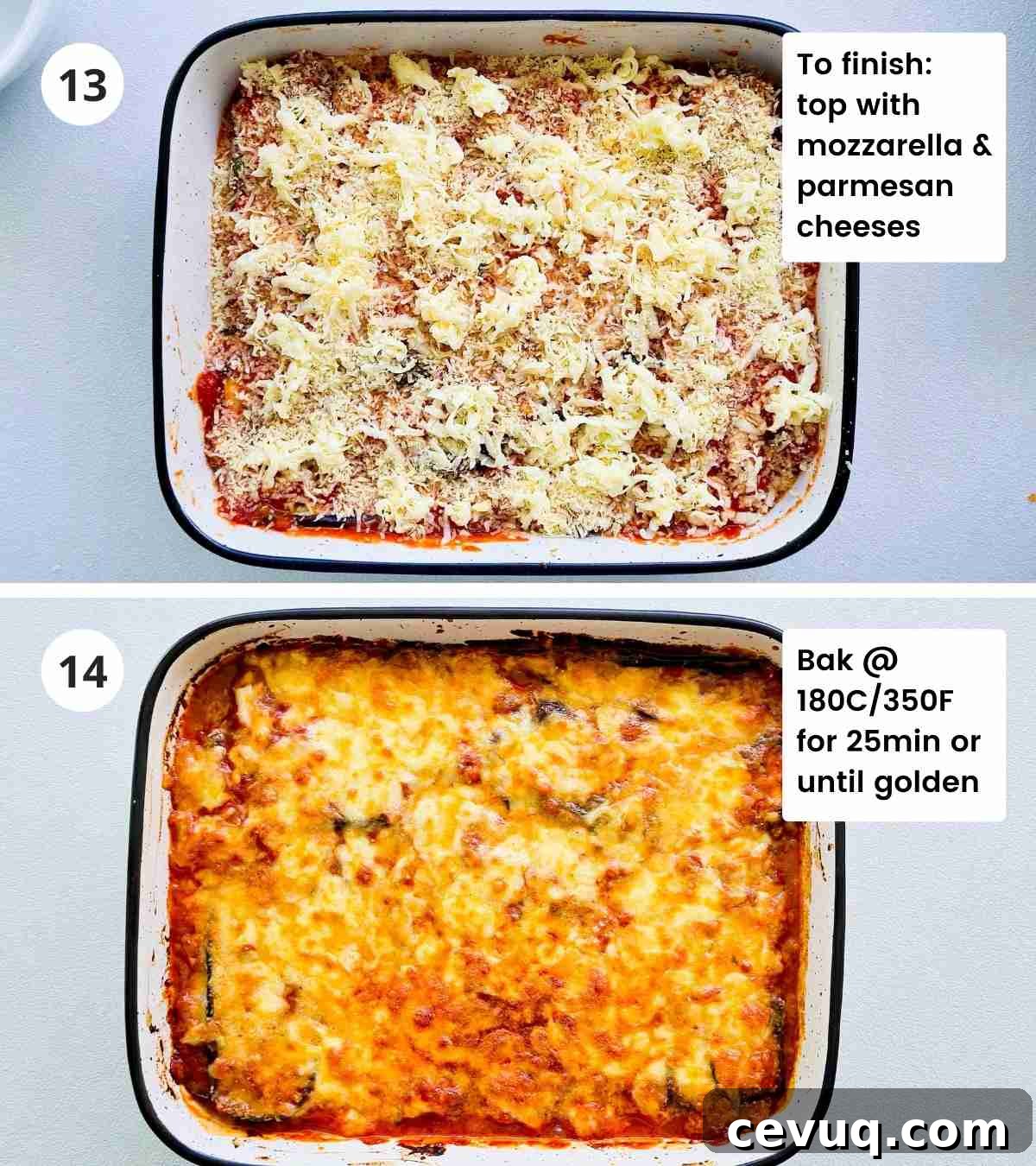 2 step collage of how to bake the eggplant parmigiana