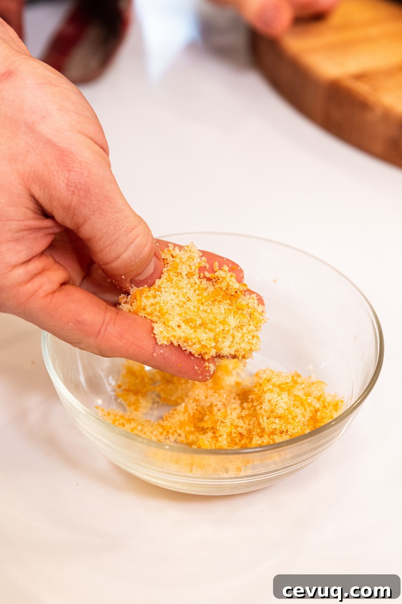 Hand holding orange zest and sanding sugar mixed together in small glass bowl sitting on white countertop.