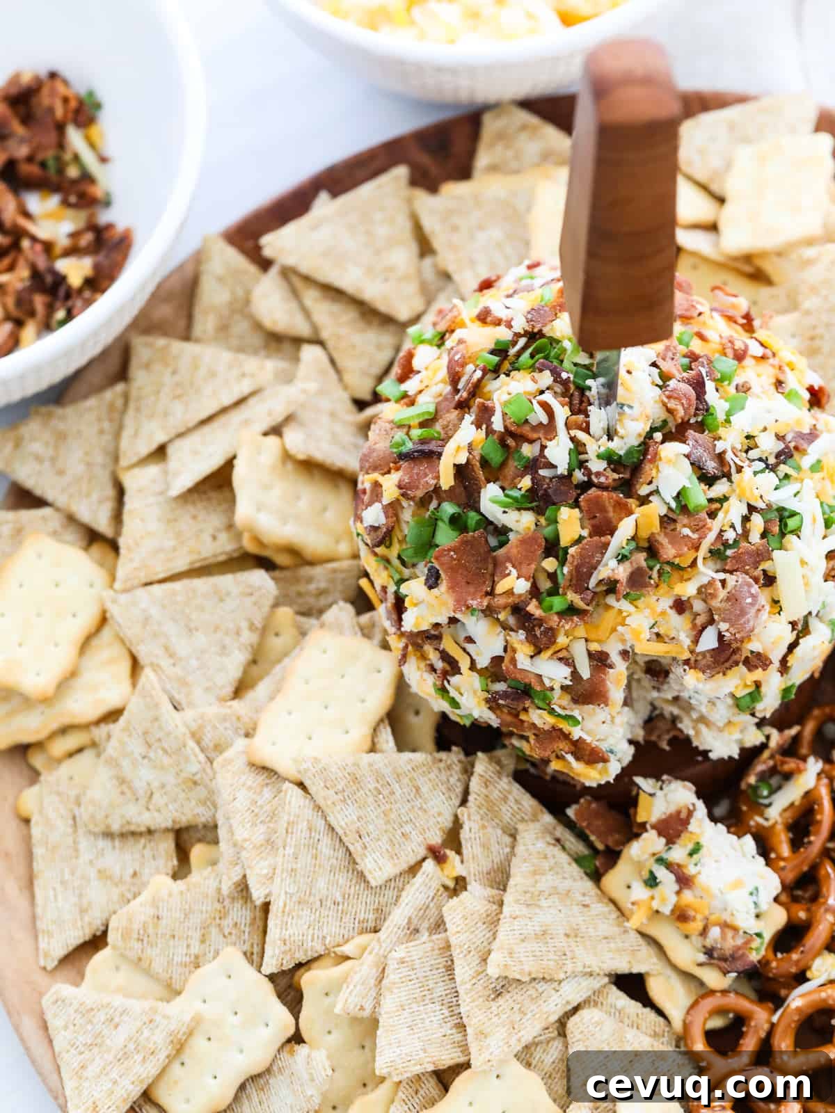 Bacon Cheese Ball with knife and crackers