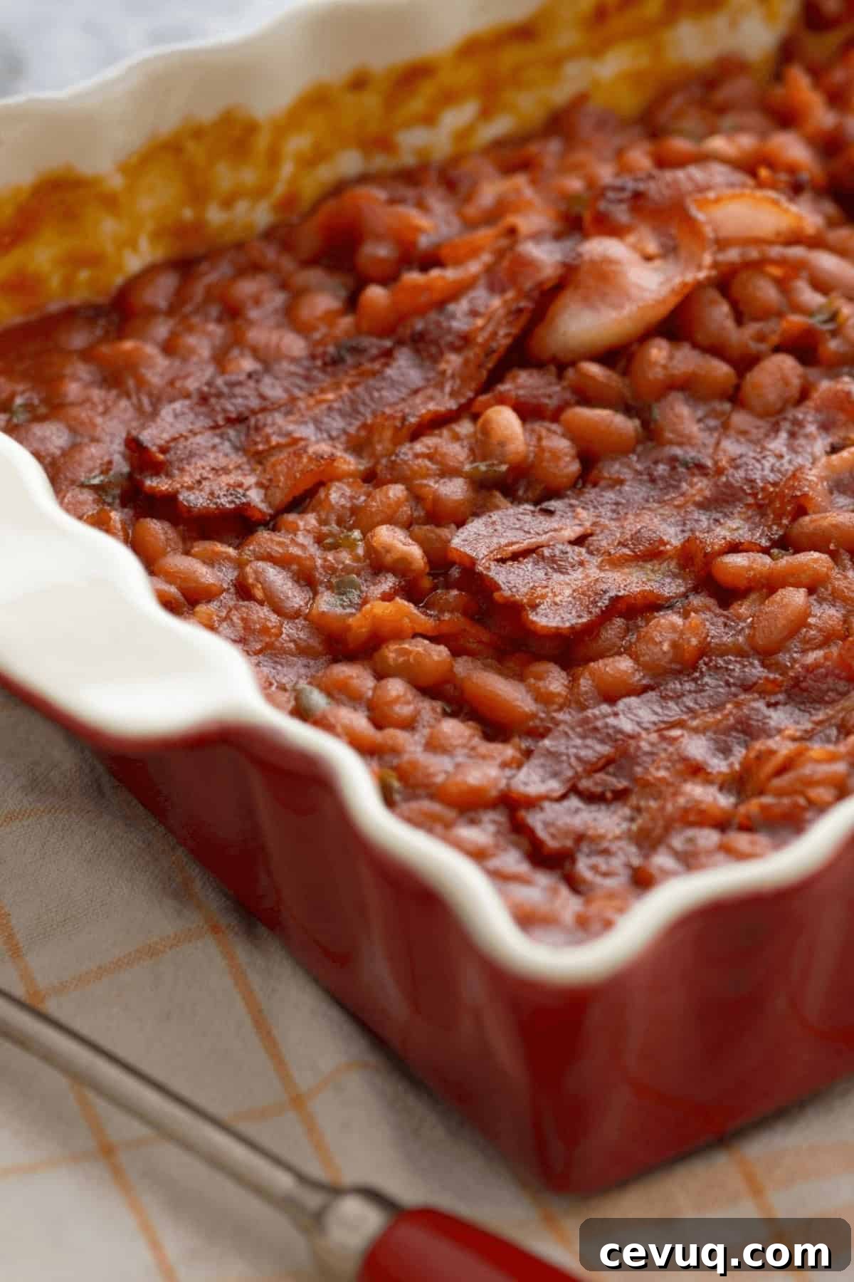 A side view of the casserole dish of beans.