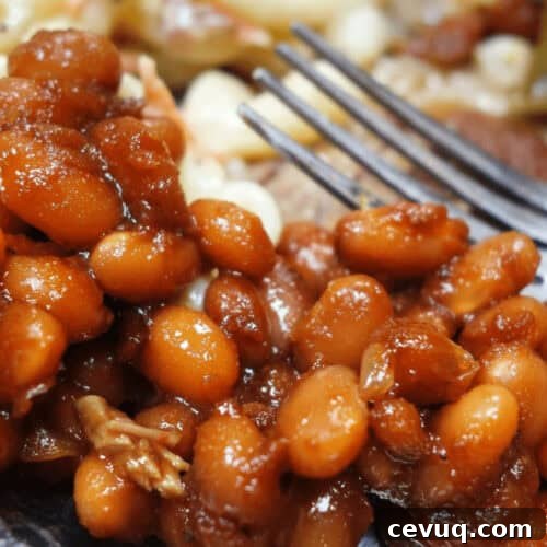 A dish of Southern Baked beans on a white dish.