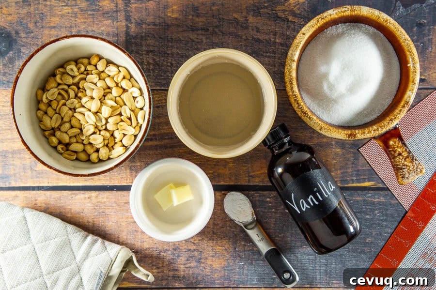 Ingredients for peanut brittle: a bowl of peanuts, a bowl of sugar, a bowl of karo syrup, a teaspoon of butter, and baking soda, and a bottle of vanilla on a wooden table