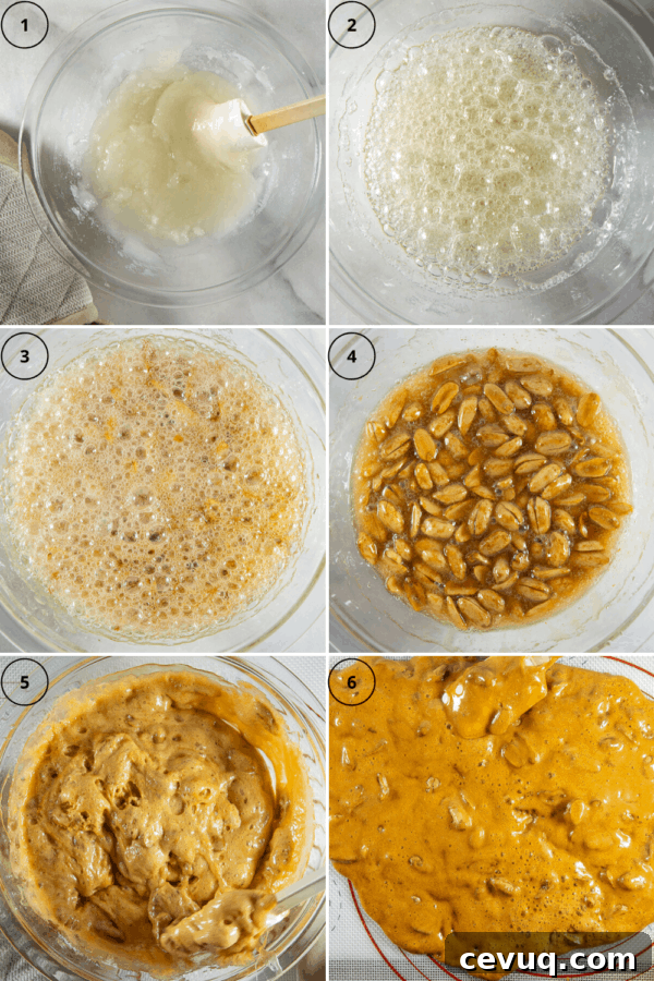 6 part process collage for making microwave brittle, the sugar mixed, then boiling, then it beginning to caramelize, then it darker with peanuts in it, then it foaming with baking soda added, then it spread on a baking mat