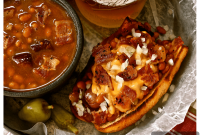 Cheesy Bacon BBQ Baked Bean Hot Dogs with Onions