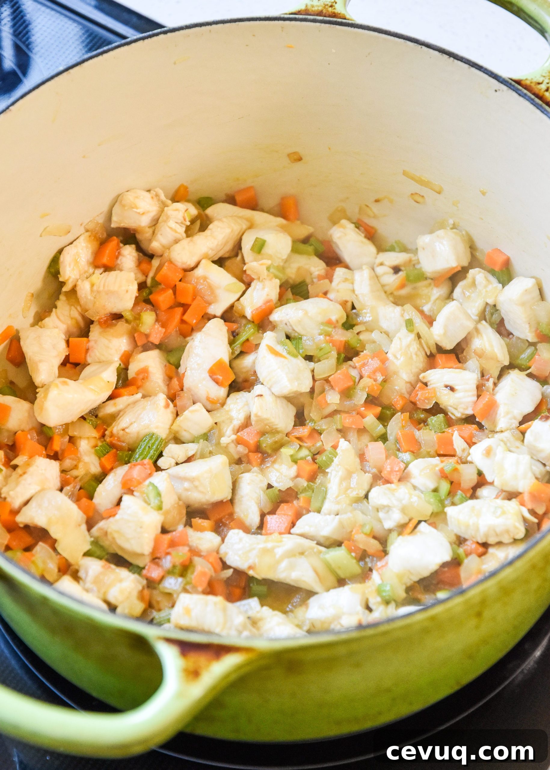 Creamy Buffalo Chicken Mac and Cheese Casserole 3 cooked chicken and veggies for the buffalo chicken mac and cheese