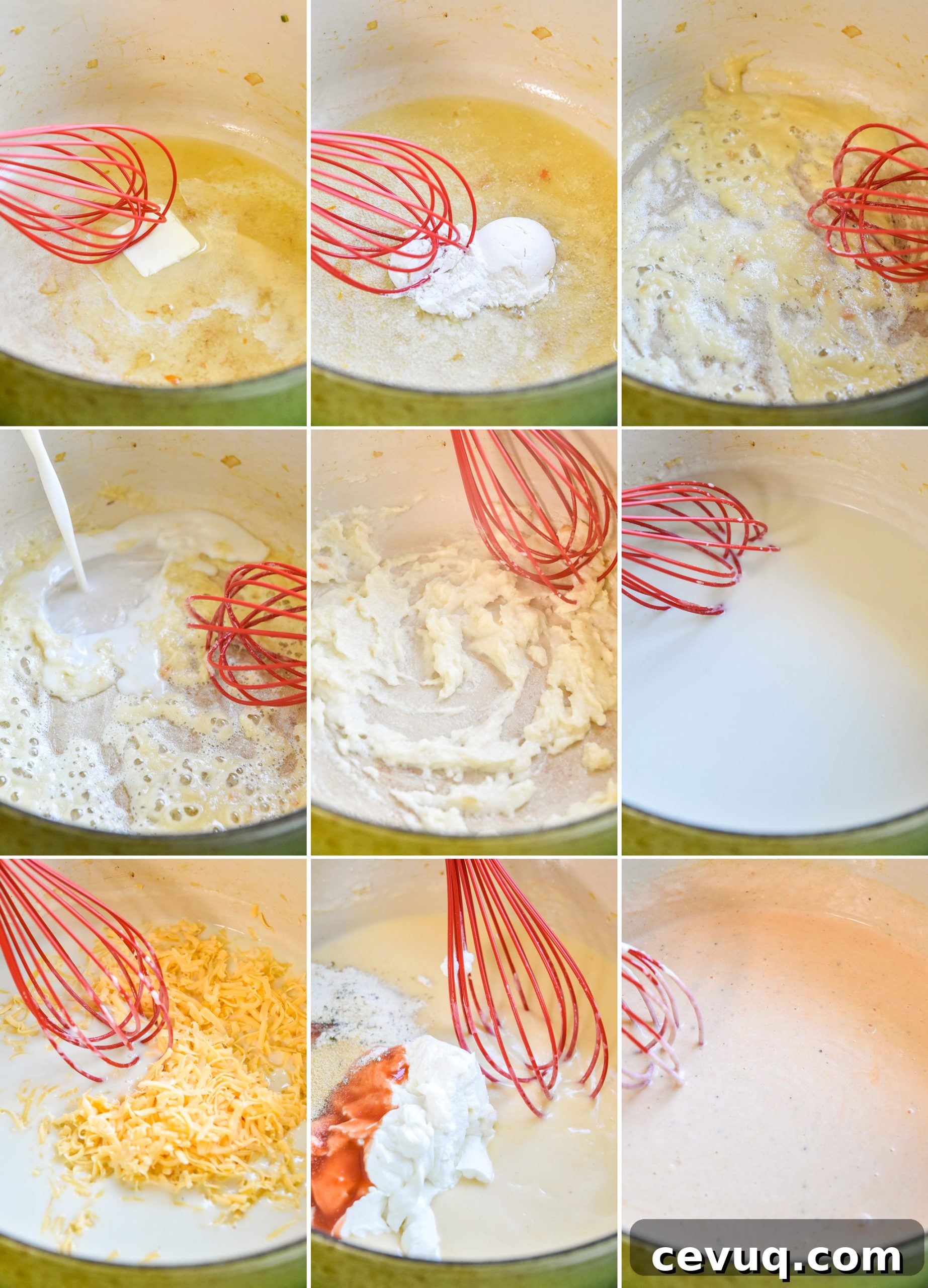 Creamy Buffalo Chicken Mac and Cheese Casserole 4 a step by step collage of making the buffalo cheese sauce