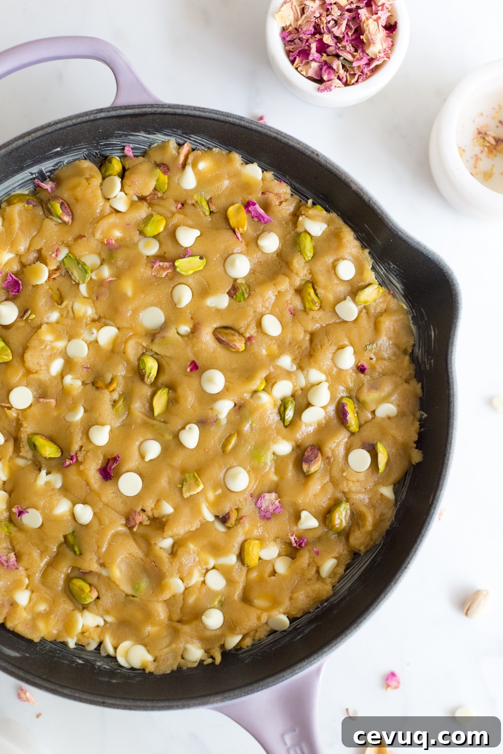 Tahini Pistachio White Chocolate Skillet Cookie with Rose 13 Tahini Pistachio White Chocolate Rose Skillet Cookie - pre-bake