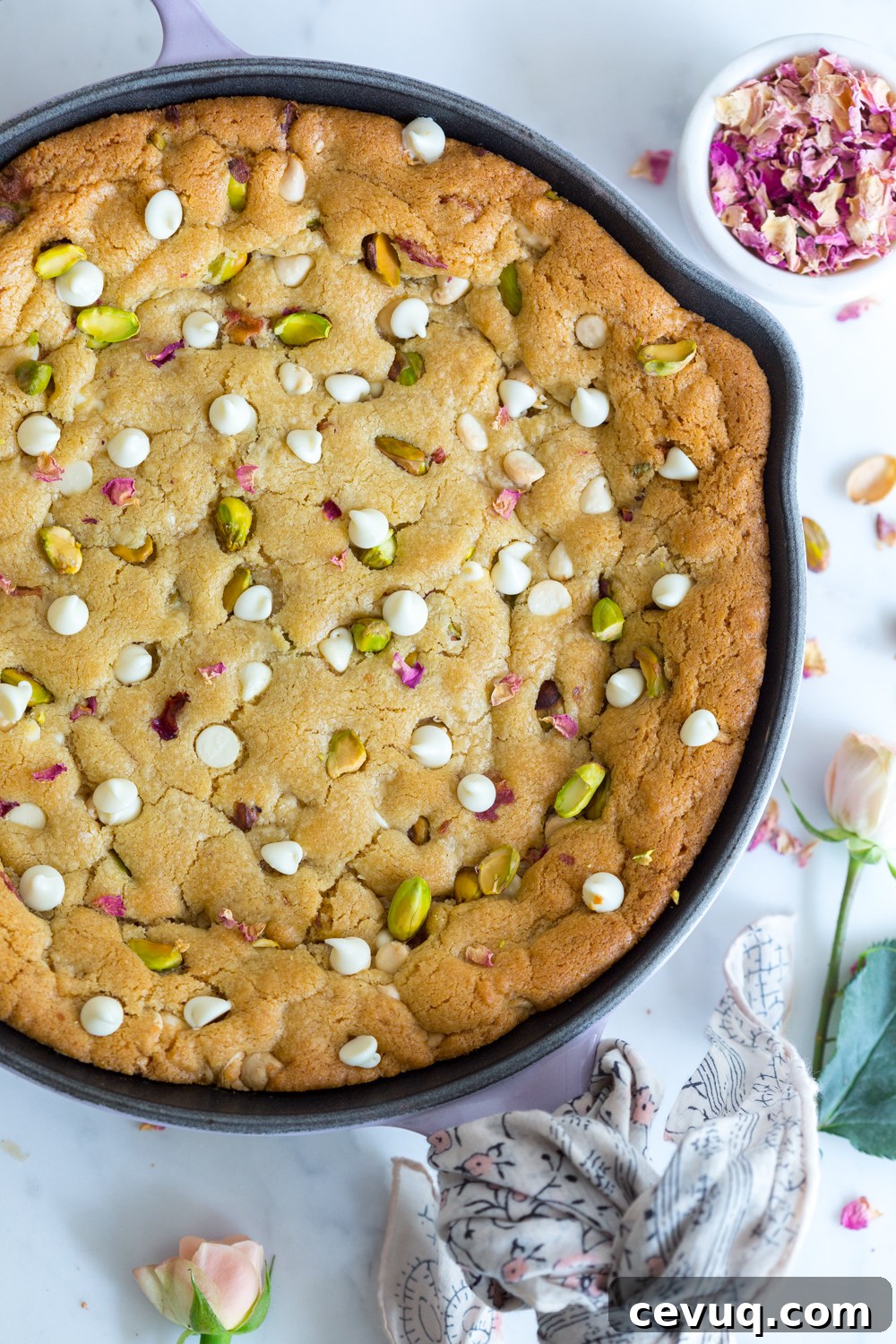 Tahini Pistachio White Chocolate Skillet Cookie with Rose 14 Tahini Skillet Cookie with white chocolate, pistachios and rose petals