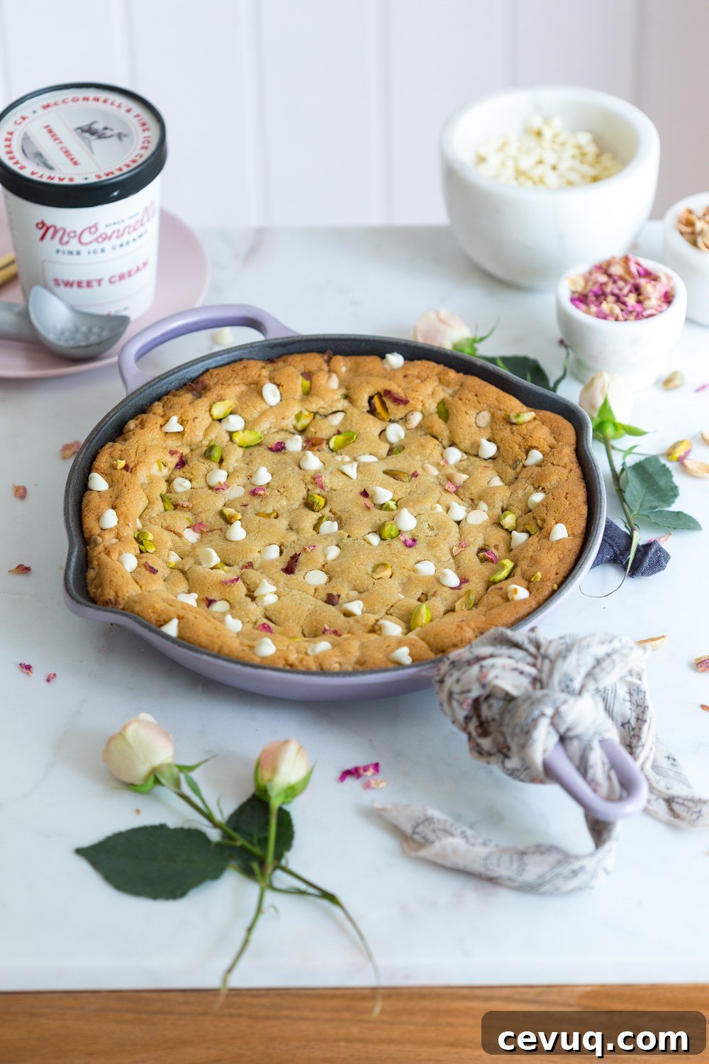 Tahini Pistachio White Chocolate Skillet Cookie with Rose 15 Tahini Pistachio White Chocolate Rose Skillet Cookie