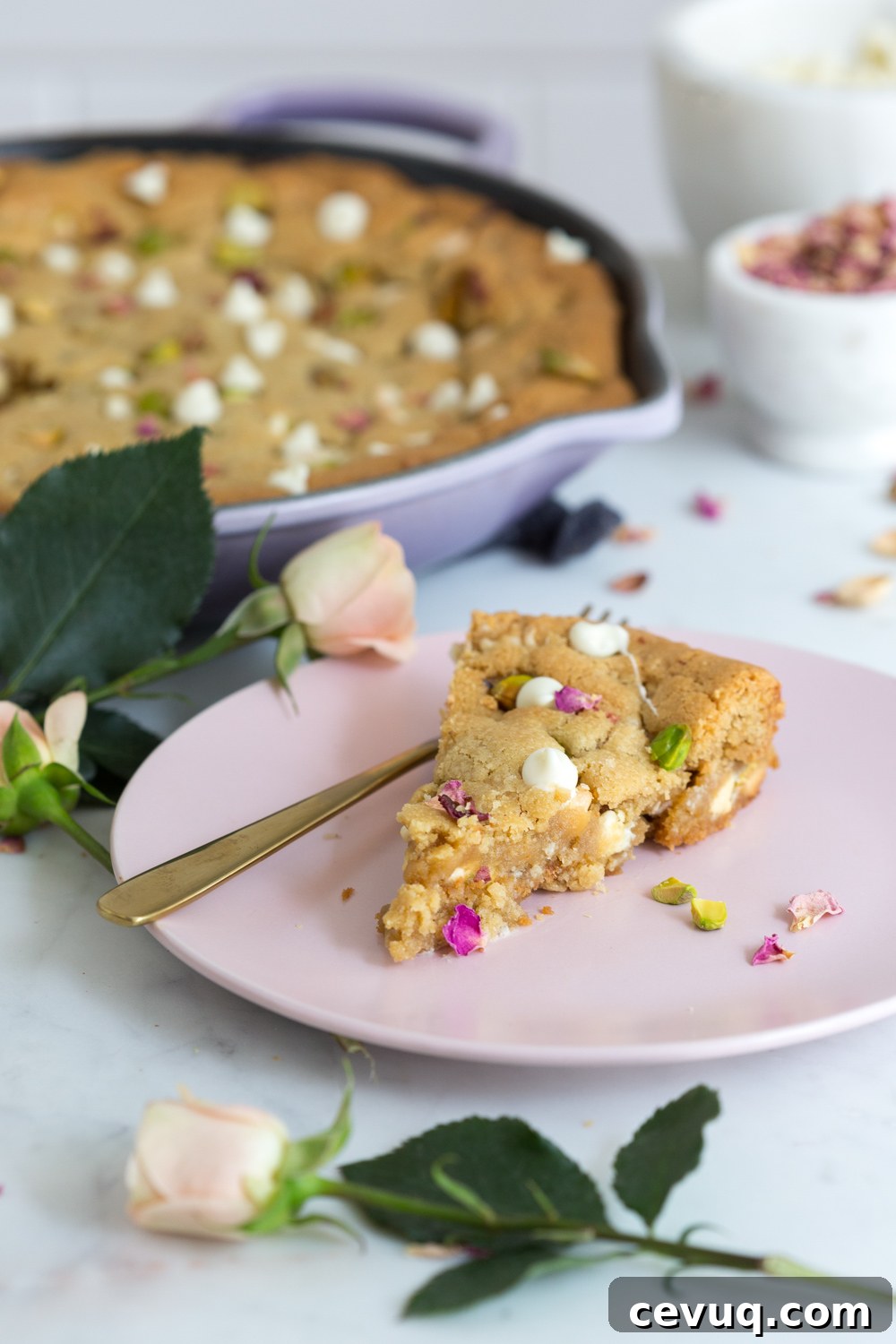 Tahini Pistachio White Chocolate Skillet Cookie with Rose 16 Tahini Pistachio White Chocolate Rose Skillet Cookie slice