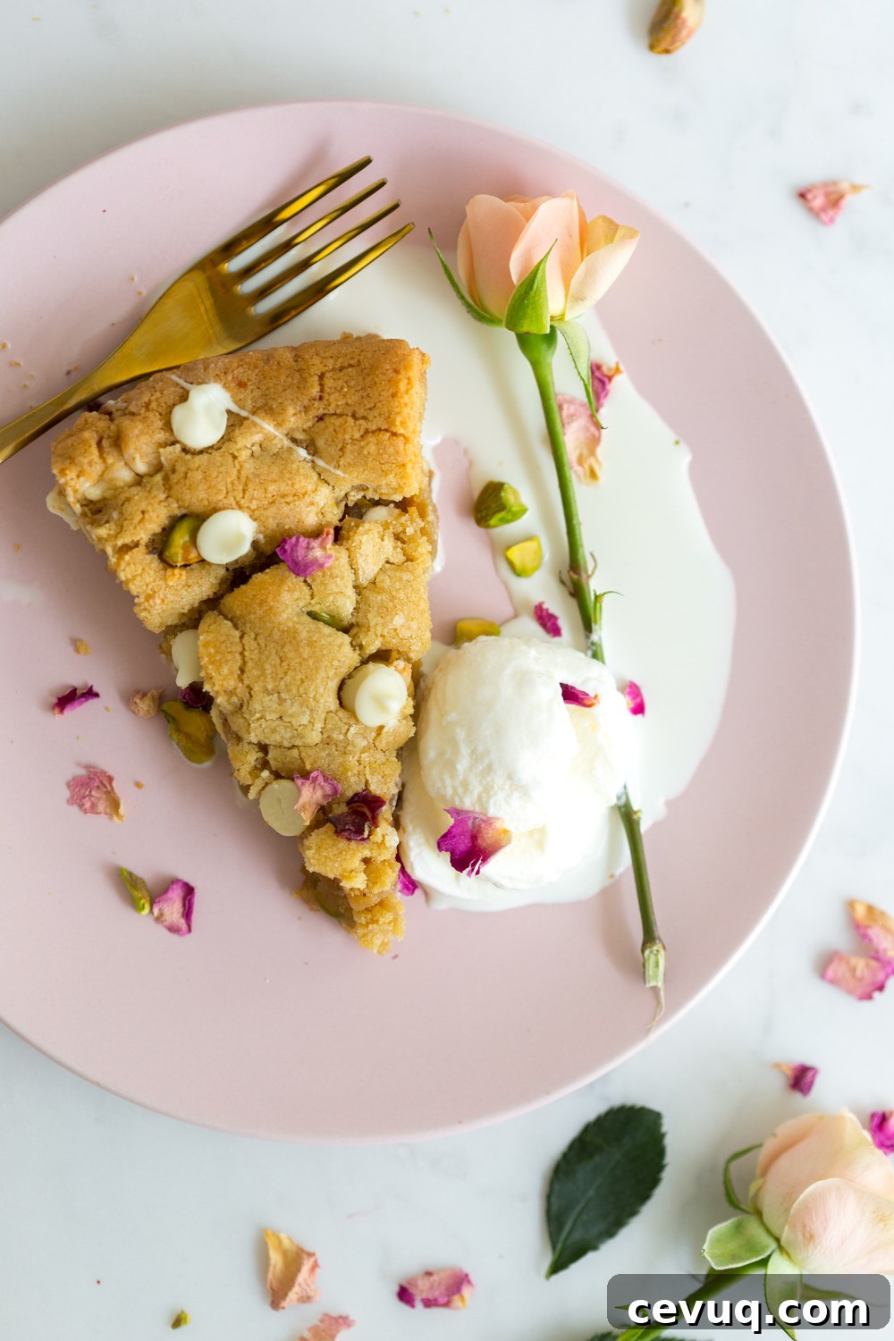 Tahini Pistachio White Chocolate Skillet Cookie with Rose 17 Tahini Pistachio White Chocolate Rose Skillet Cookie with ice cream