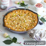 Tahini Pistachio White Chocolate Rose Skillet Cookie by Baking The Goods