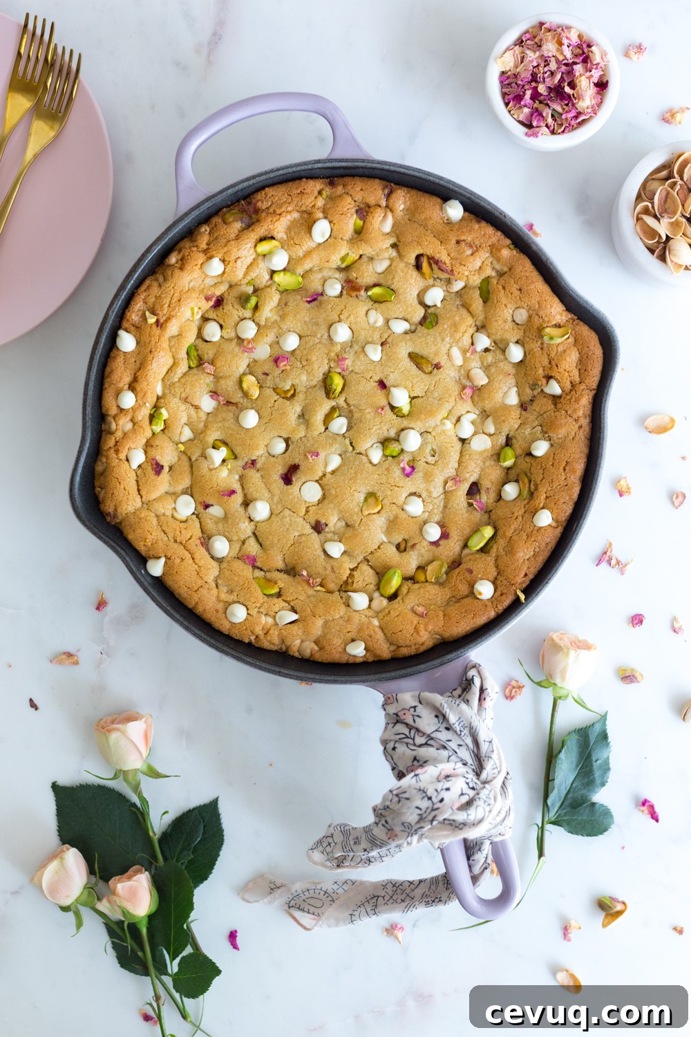 Tahini Pistachio White Chocolate Skillet Cookie with Rose 9 Tahini Pistachio White Chocolate Rose Skillet Cookie - just baked