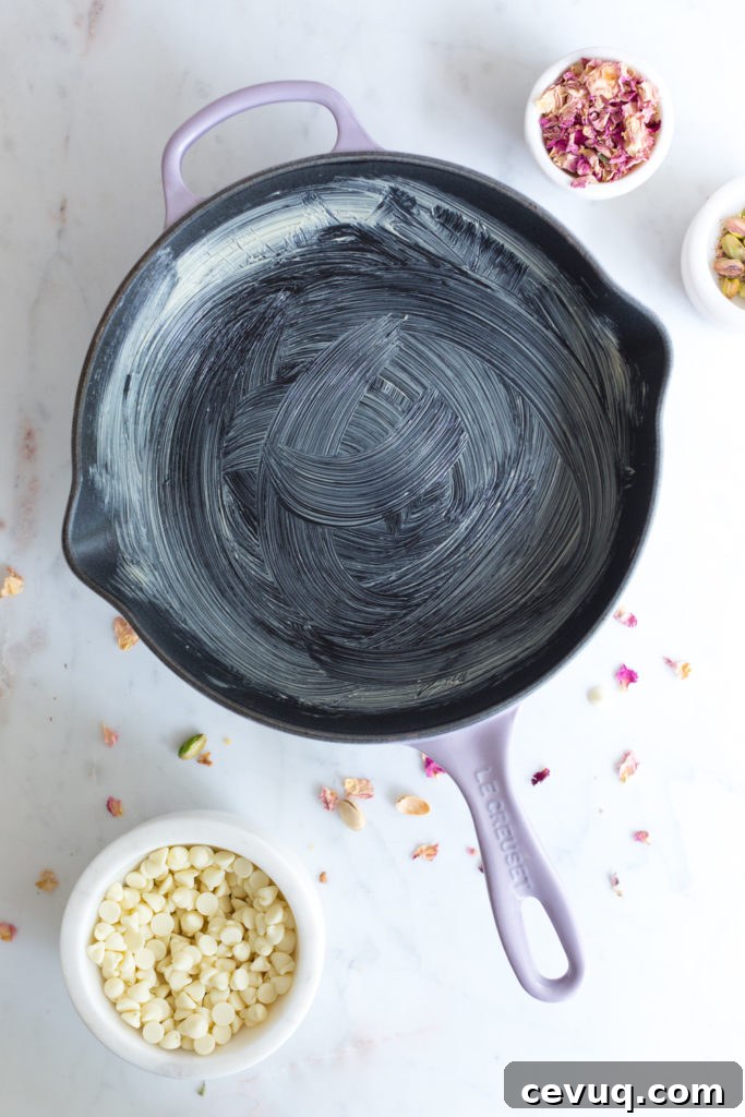 Tahini Pistachio White Chocolate Skillet Cookie with Rose 10 greasing skillet for cookie