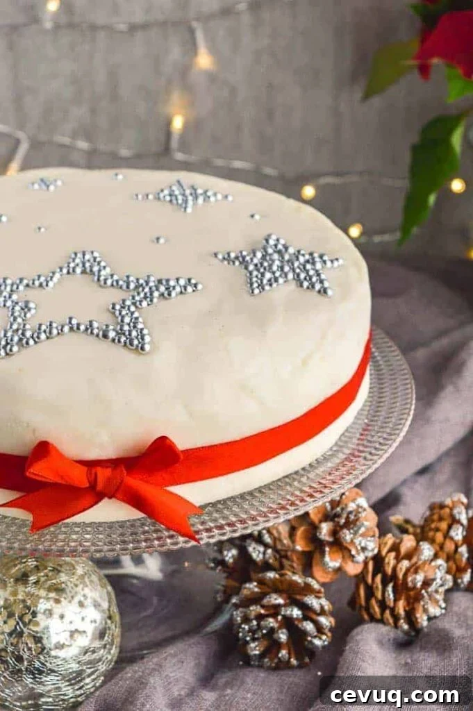 Irish-Style Vegan Christmas Cake Recipe 2 A christmas cake with silver stars and a red ribbon around it