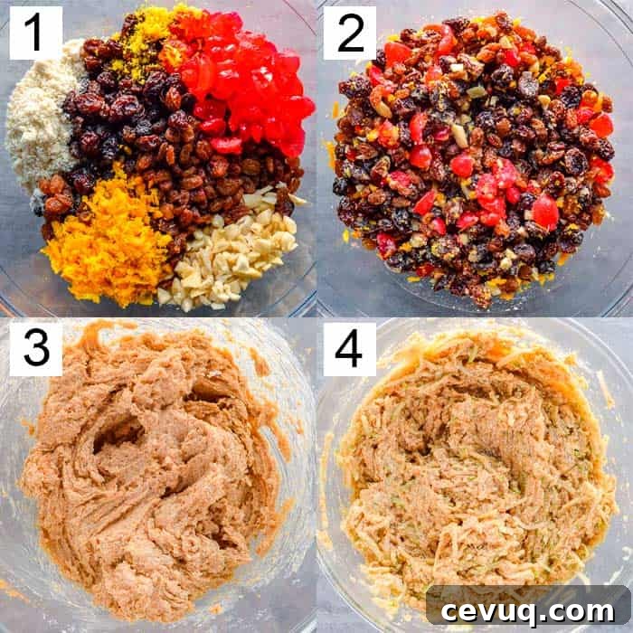 Irish-Style Vegan Christmas Cake Recipe 4 Four photos showing Christmas cake fruit mix macerating, then mixed with flour and grated apple