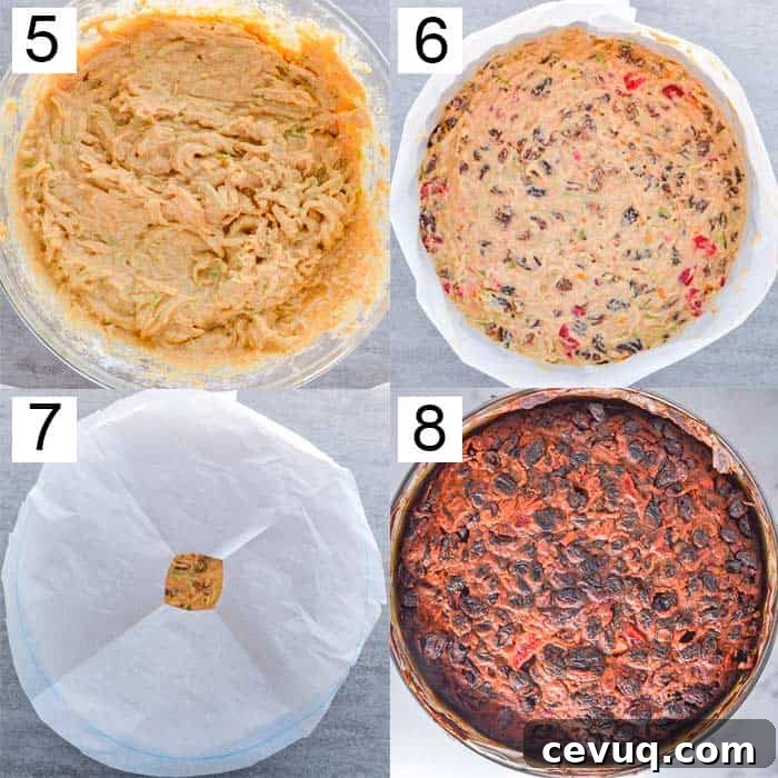 Irish-Style Vegan Christmas Cake Recipe 5 Four photos showing cake mix, then with dried fruits added in, covered with baking paper, and the finished product
