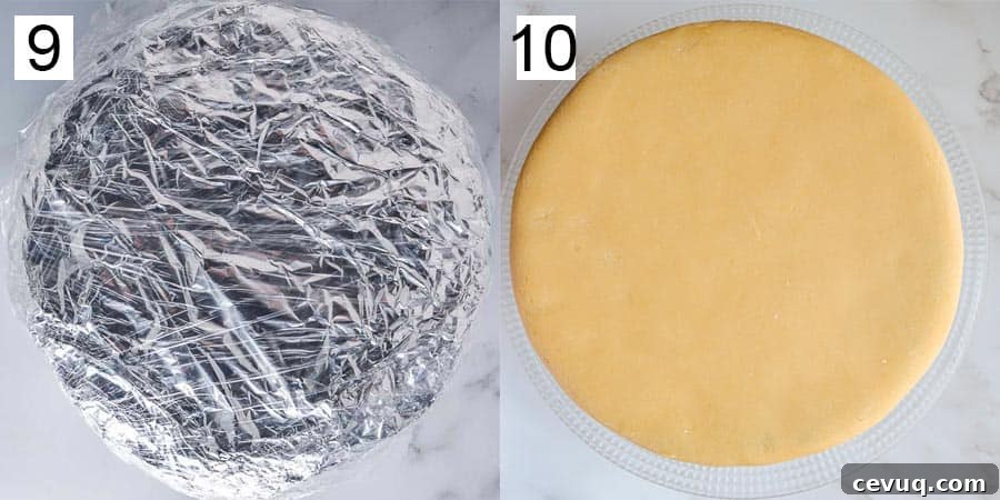 Irish-Style Vegan Christmas Cake Recipe 6 A cake wrapped with aluminum foil and cling film, and then covered with marzipan