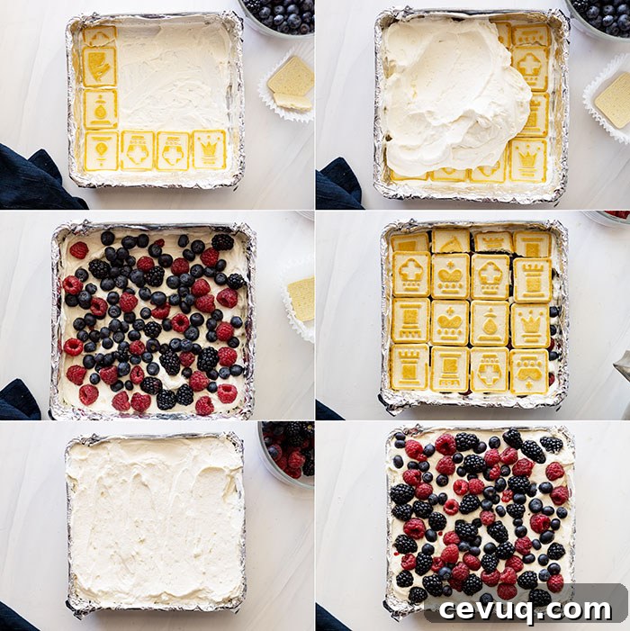 No Bake Berry Icebox Cake with Fresh Berries 5 Six pictures showing the steps to layering this dessert.