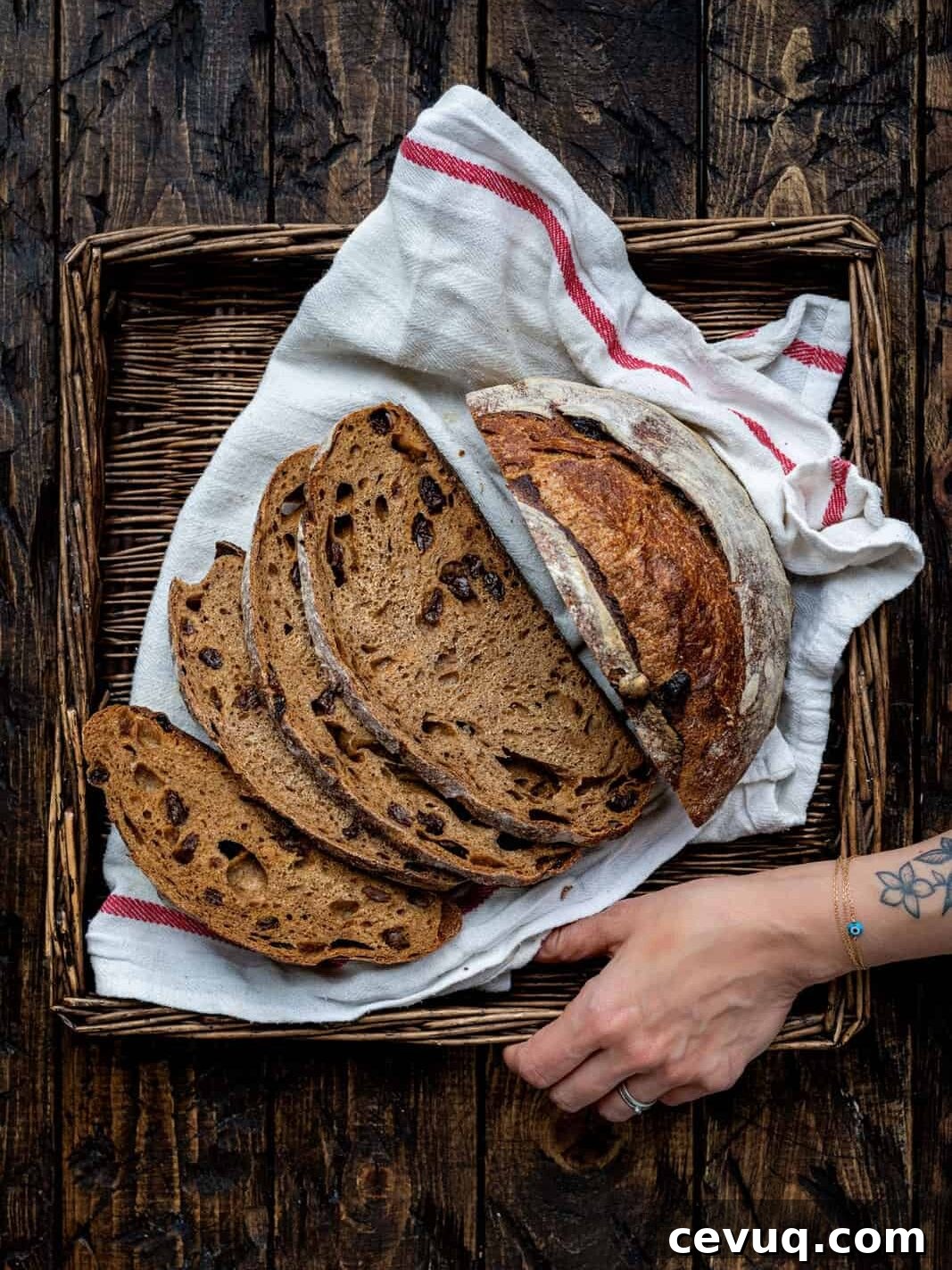 Cinnamon Raisin Sourdough Loaf Recipe 2 Overhead shot of sliced Cinnamon Raisin Sourdough Bread
