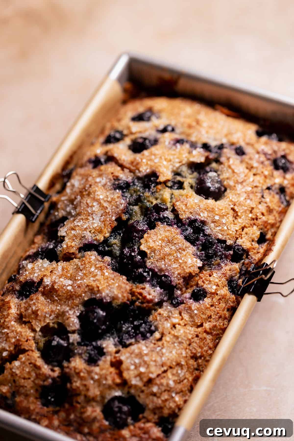 Freshly baked blueberry banana bread with a golden crackly top in a loaf pan.