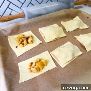 Flaky Apple Hand Pies with Puff Pastry 8 Apple filling on puff pastry rectangles.
