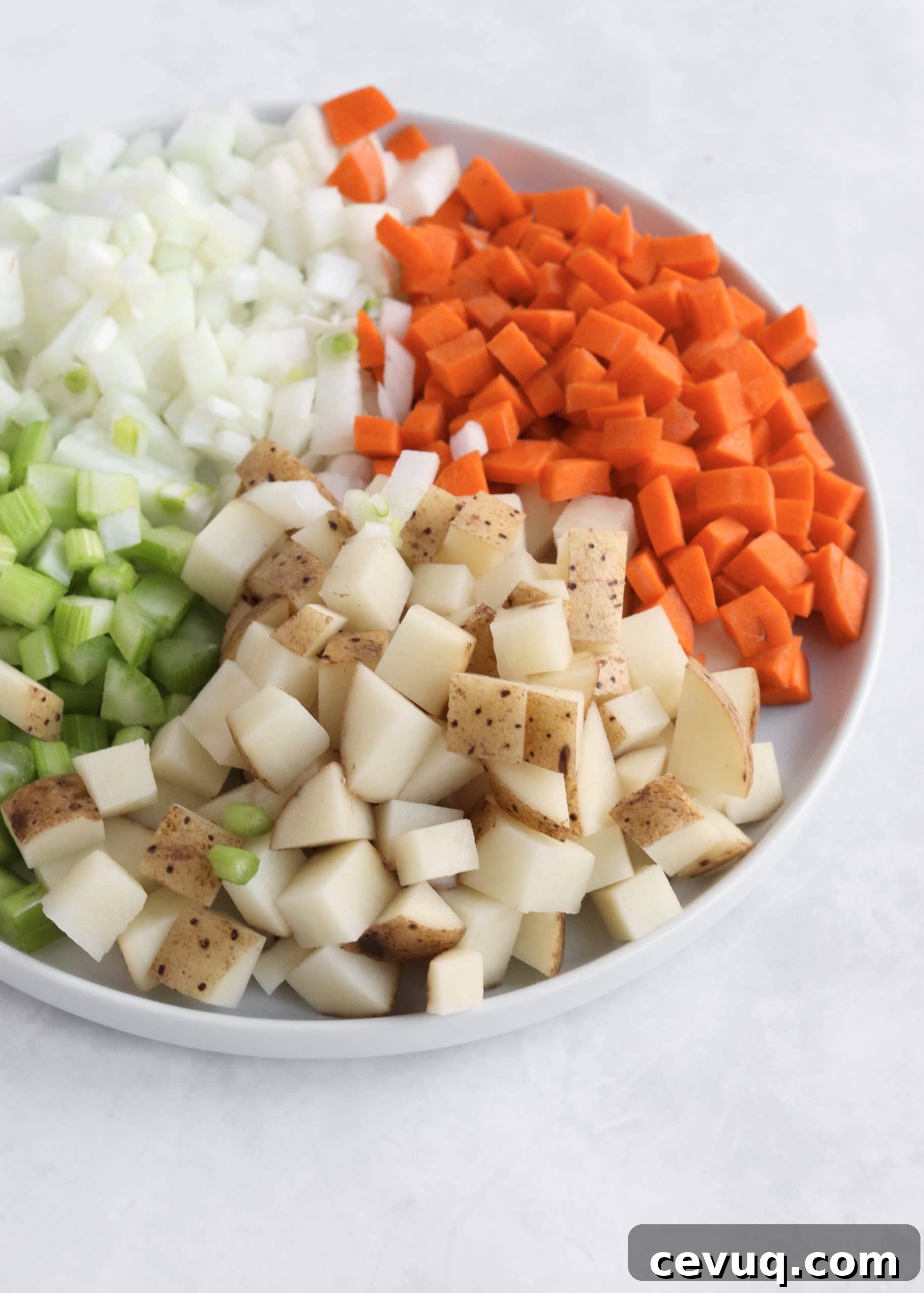 Leftover Turkey Pot Pie Recipe 3 Plate of diced carrot, celery, onion, and potato