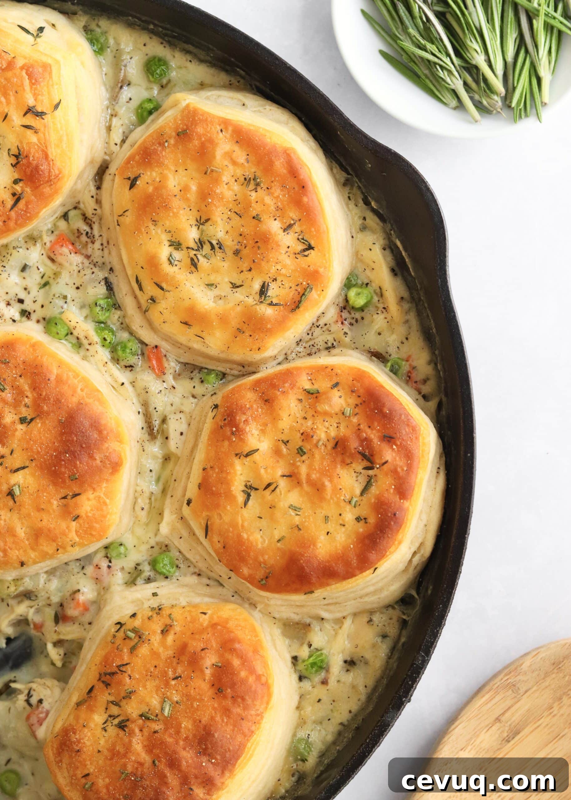 Leftover Turkey Pot Pie Recipe 7 Close up of leftover turkey pot pie with biscuits