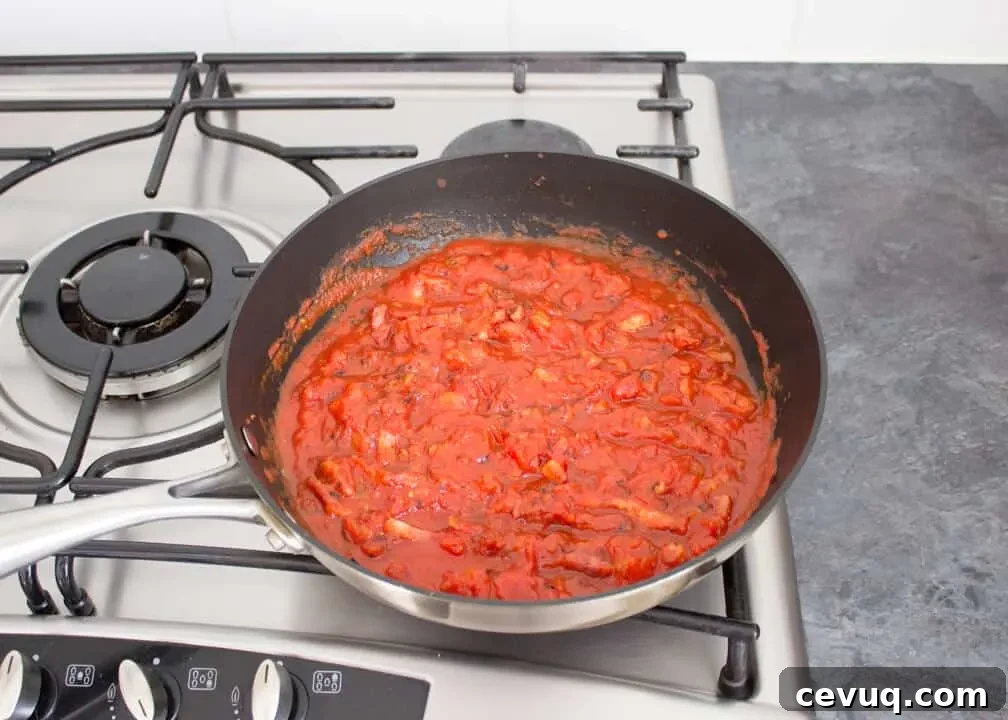 Spicy Tomato and Chili Pasta Recipe 6 Tomato chilli pasta sauce that's finished cooking in a pan