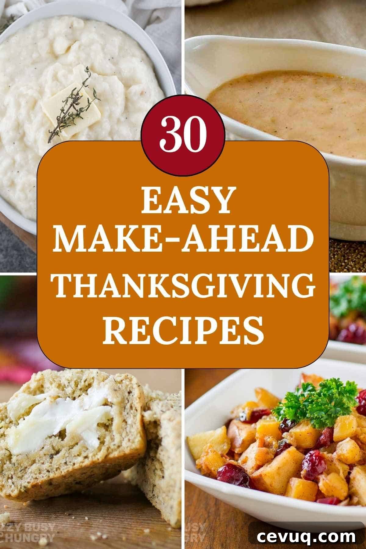 Four photo collage of some of the make-ahead Thanksgiving recipes in the article.
