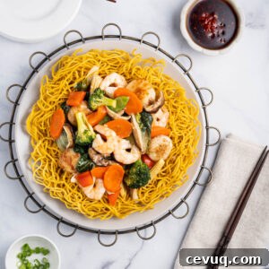 Crispy Pan-Fried Seafood Noodles with Vegetables 12 Mi Xao Gion (Pan fried noodles) with shrimp, scallops, and vegetables on a plate.