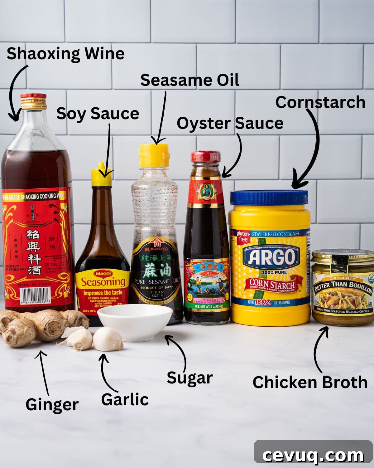 Crispy Pan-Fried Seafood Noodles with Vegetables 5 Ingredients needed for mi xao gion sauce: shaoxing wine, soy sauce, sesame oil, oyster sauce, cornstarch, chicken broth, ginger, garlic, and sugar.
