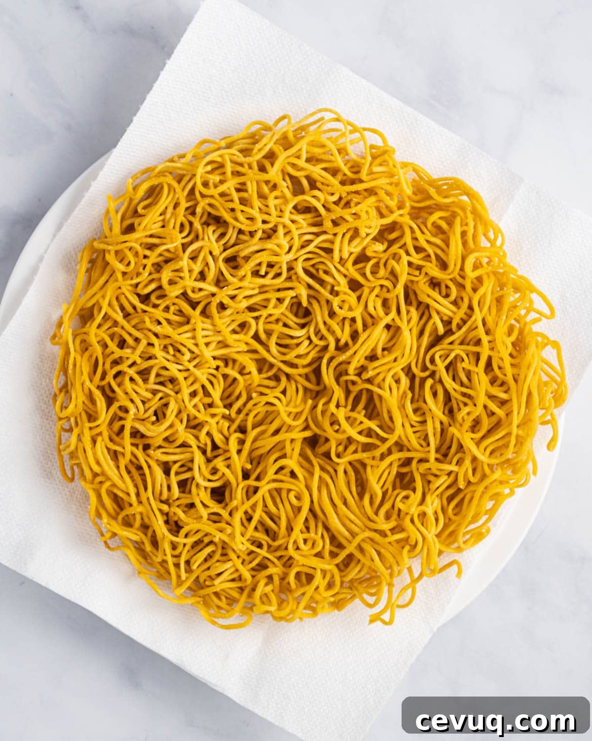 Crispy Pan-Fried Seafood Noodles with Vegetables 7 Noodles on a plate with a napkin after frying.