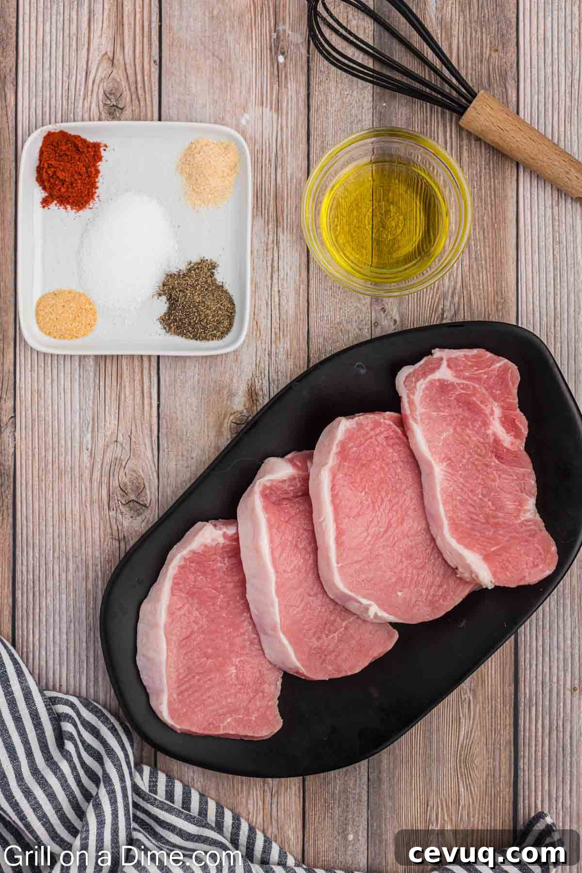 Ingredients needed - pork chops, olive oil, paprika, onion powder, garlic powder, salt and pepper