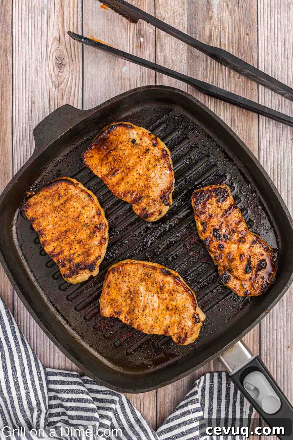 Grilled pork chops in a grilled pan