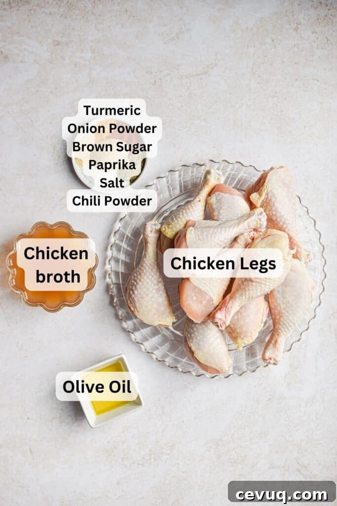 Tender, Juicy Instant Pot Chicken Drumsticks Recipe 3 The ingredients for Instant Pot Chicken Drumsticks are laid out and labeled.