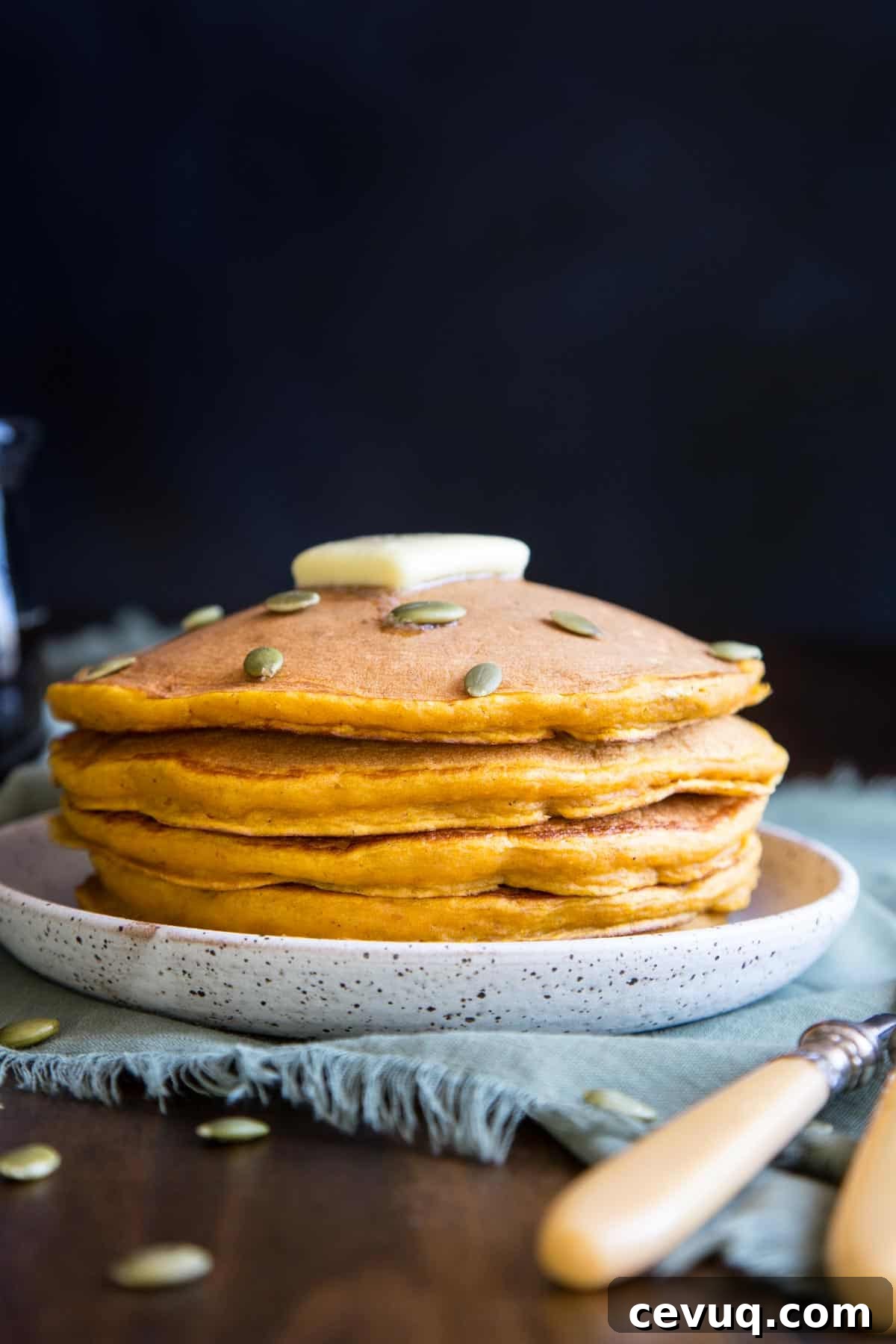 Fluffy Buttermilk Pumpkin Spice Pancakes 3 A stack of buttermilk pumpkin pancakes on a plate.