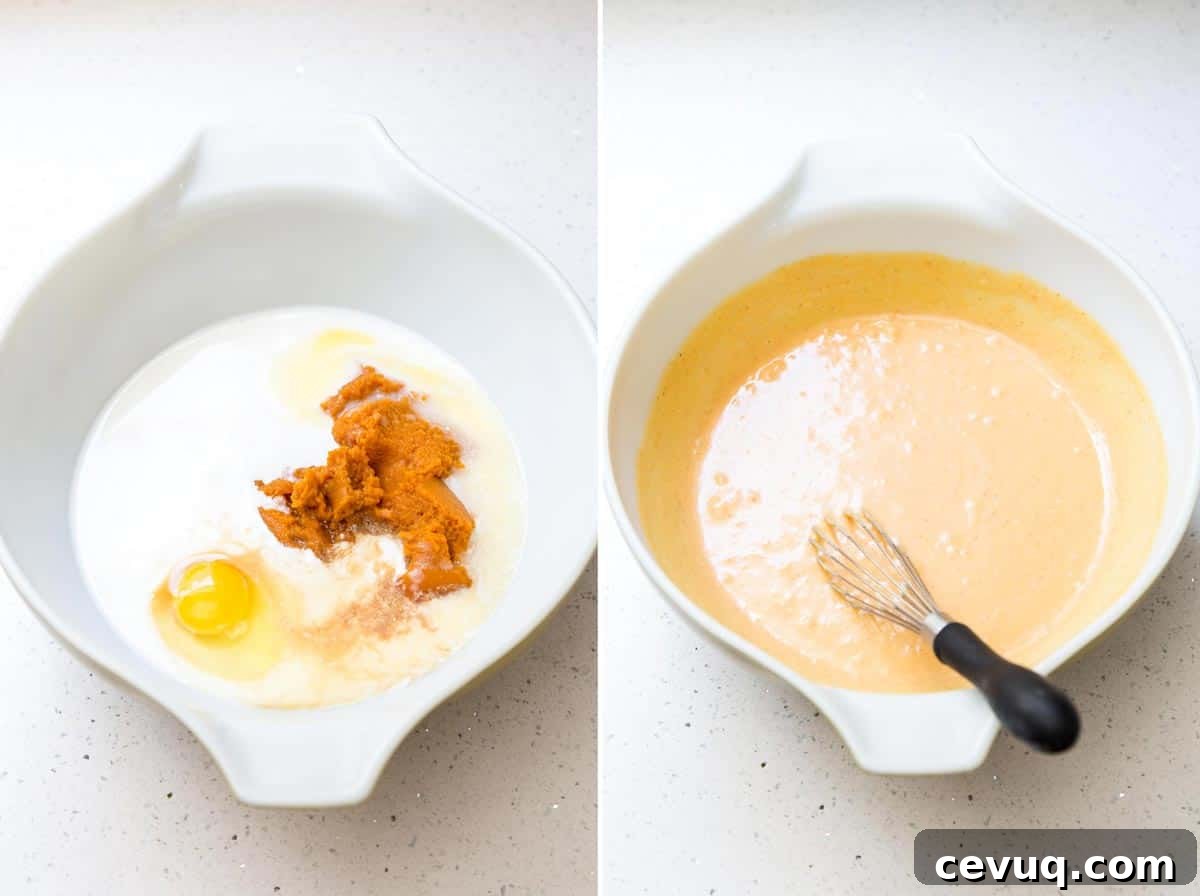 Fluffy Buttermilk Pumpkin Spice Pancakes 5 Mixing together wet ingredients for pumpkin pancakes with buttermilk.