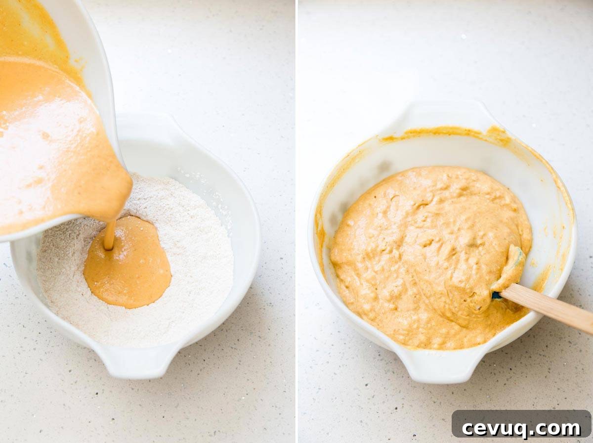 Fluffy Buttermilk Pumpkin Spice Pancakes 6 Folding together wet and dry ingredients to form the batter for pumpkin pancakes with buttermilk.